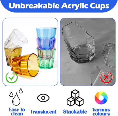 Plastic Drinking Glasses Set of 12, Unbreakable Coloured Water Tumbler, Acrylic Plastic Cups, Reusable Kids Drinking Cups for Children Kitchen Picnic Party Juice Whiskey Wine (12pc-6color-160ml/5.4oz)