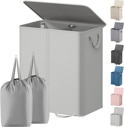 Lifewit Double Laundry Hamper with Lid and Removable Laundry Bags, Large Collapsible 2 Dividers Dirty Clothes Basket with Handles for Bedroom, Laundry Room, Closet, Bathroom, College, 155L Silver Gray