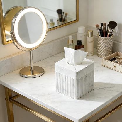 White Tissue Box Cover Square Resin Tissue Holder for Home Decor, Hand Poured Marble Ribbed Cube Tissue Box Holder – 5.5 Inch Heavy Duty Luxury Tissue Box Case for Bathroom, Living Room, Office