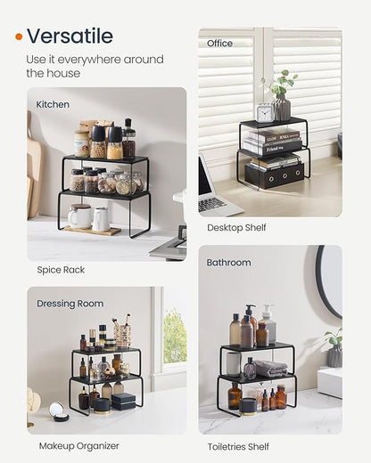 SONGMICS HOME Bamboo Cabinet Organizer Shelf, Nice-Looking Set of 2 Kitchen Counter Shelves, Kitchen Storage, Spice Rack, Stackable, Expandable, Ink Black UKCS050B01V1