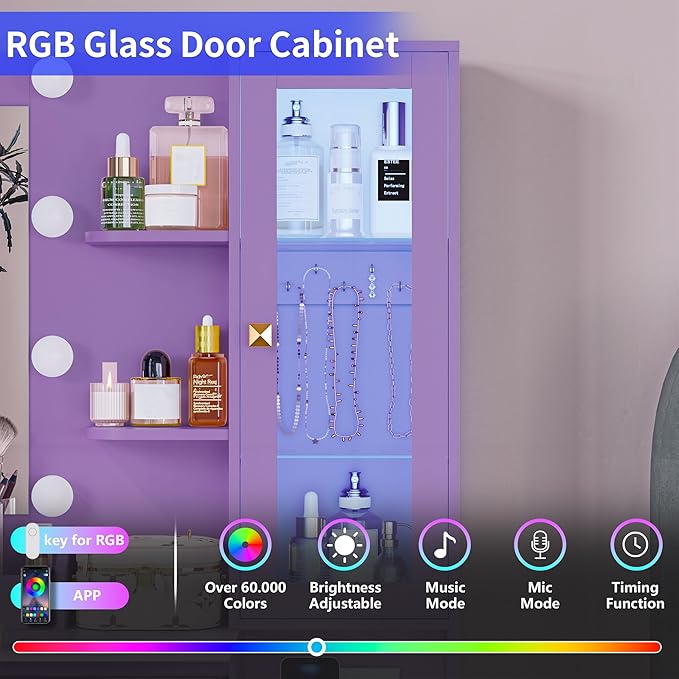 Vanity Desk with Mirror and Lights, Purple Makeup Vanity with 5 Drawers Hidden Jewelry Organizer& LED Glass Cabinet,3 Light Mode and Brightness Adjusted,Vanities Mirror with Lights Desk and Chair