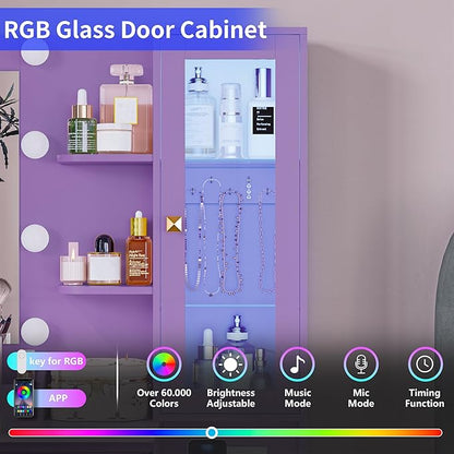 Vanity Desk with Mirror and Lights, Purple Makeup Vanity with 5 Drawers Hidden Jewelry Organizer& LED Glass Cabinet,3 Light Mode and Brightness Adjusted,Vanities Mirror with Lights Desk and Chair