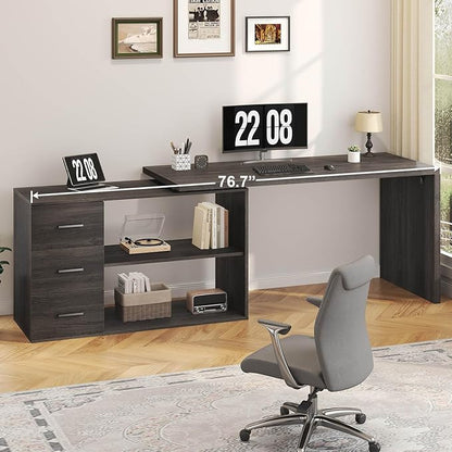 HSH L Shaped Computer Desk with Drawers, 360 Rotating L Shape Desk with Storage Cabinet Shelves, Industrial Home Office Desk for Executive Writing Study Work, Dark Wood Table Swivel Desk, Gray 55 Inch