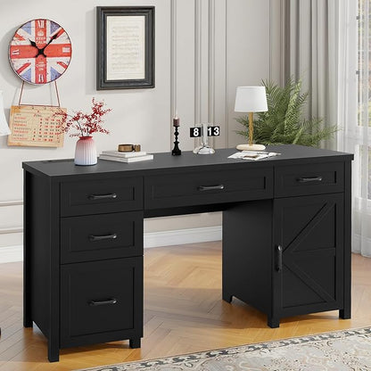 Farmhouse 61'' Executive Desk with 5 Drawers, Rustic Office Desk Computer Desk with Charging Station, File Drawers and Storage Cabinet, Wood Workstation for Study and Home Office,( Pure Black.)