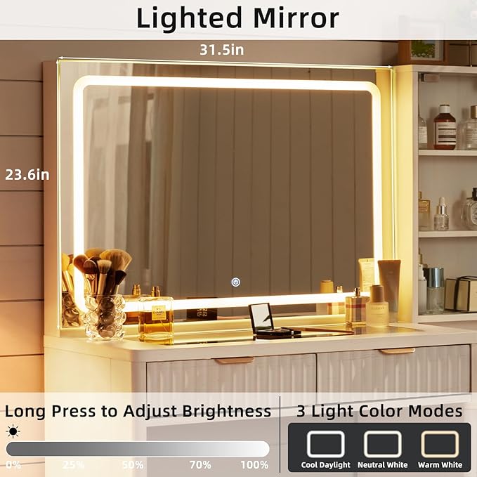 LEYAOYAO Vanity Desk with Mirror and Lights, 43.5'' Fluted Makeup Vanity with 6 Drawers and Adjustable Shelves, Wood TC Make Up Vanity Dressing Table with Glass Top and Power Outlet for Bedroom