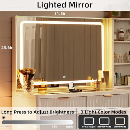 LEYAOYAO Vanity Desk with Mirror and Lights, 43.5'' Fluted Makeup Vanity with 6 Drawers and Adjustable Shelves, Wood TC Make Up Vanity Dressing Table with Glass Top and Power Outlet for Bedroom