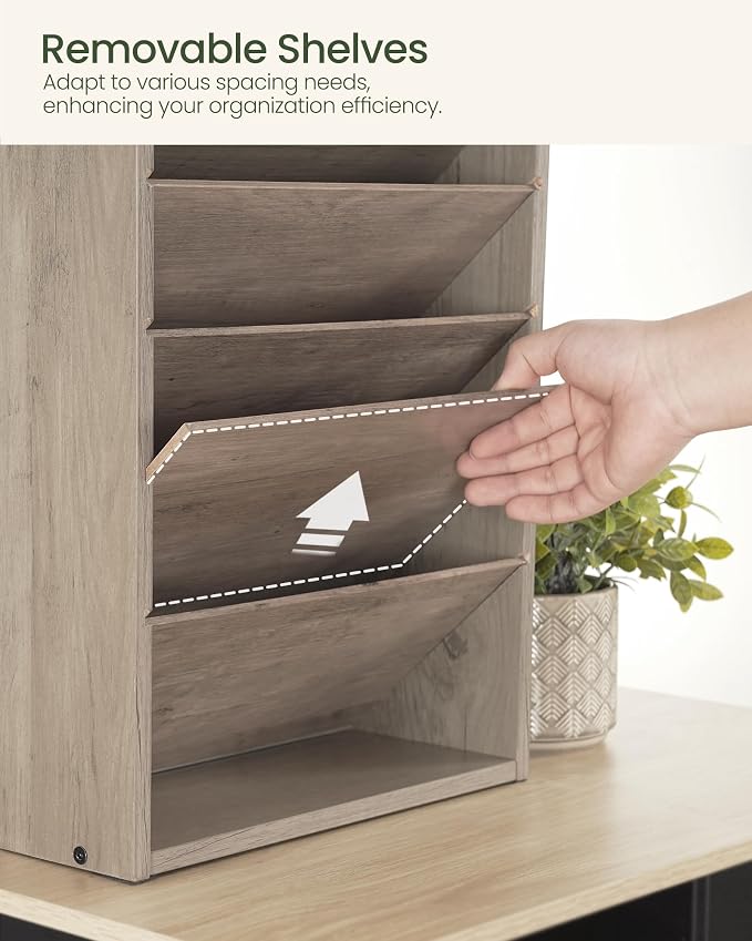 CHOEZON Wall File Organizer, 10-Tier Hanging Mail Organizer, Wall Mount File Holder with 4 Side Hooks, Industrial Mail and Storage Organizer, Wooden Vertical Hanging Holder for Office, Greige MWJ03FH