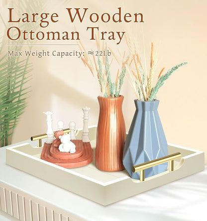 SXNOWS Ottoman Tray for Coffee Table & Couch, Large Wooden Serving Tray with 2 Set of Handles - Modern Farmhouse Rectangle Decorative Tray for Living Room Kitchen Includes 4 Coasters, Off-White/Cream