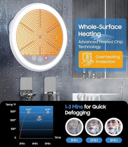 Gospire 3X Magnifying Heated Shower Mirror Fogless for Shaving, 5000mAh Battery, 360° Swivel & Magnetic Design, 8.3” Anti-Fog Shower Shaving Mirror with 3 Color Lights, Includes 2PCS Adhesive Hooks