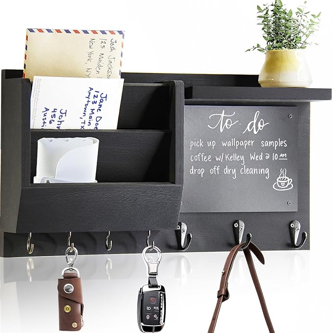Key Holder for Wall - Mail Holder Organizer Wall Mount with Shelf - Hanging Key Rack Hanger with Hooks Decorative for Home Coat Letter Dog Leash Entryway Living Room Decor