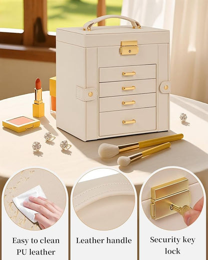 TORIBIO Jewelry Box for Women, Leather Jewelry Organizer with Mirror & Lock, 5-Tier Jewelry Storage Organizer with 4 Drawers for Girls/Women/Mothers, Necklace Earring Bracelets Holder Organizer