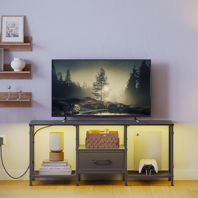 JARHETUN LED TV Stand with Fabric Drawer, Entertainment Center for 50 55 Inch TV, Industrial TV Console Table with Open Storage Shelves for Living Room, Bedroom, Black