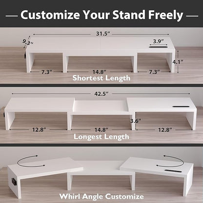BONTEC Dual Monitor Stand Riser, Adjustable Length & Swivel Angle, Ergonomic Wooden Desktop Organizer with Smartphone Holder, Computer Monitor Stand for PC Monitor, Laptop, Printer, Large Storage
