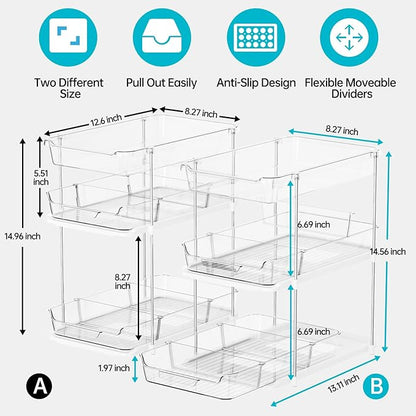 Delamu 2 Sets of 3-Tier Bathroom Under Sink Organizers and Storage, Multi-Purpose Stackable Pantry Organization and Storage, Pull Out Clear Kitchen Bathroom Cabinet Organizer with Movable Dividers | Storage