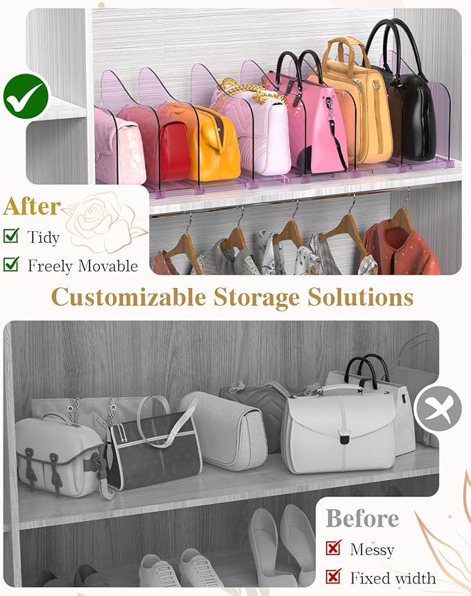 Rose Purse Dividers for Closet, 2 Pack Clear Clutch Purse Closet Organizers, Adjustable Handbag Storage Organizers, Plastic Bookshelf Separator Dividers for Bedroom Office