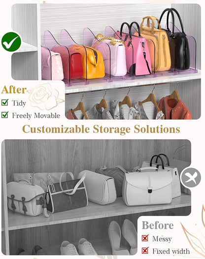 Rose Purse Dividers for Closet, 2 Pack Clear Clutch Purse Closet Organizers, Adjustable Handbag Storage Organizers, Plastic Bookshelf Separator Dividers for Bedroom Office