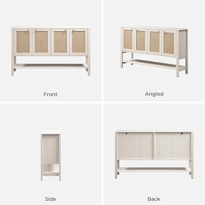 SICOTAS Rattan Sideboard Buffet Cabinet with Open Storage - Large Storage Cabinet with 4-Doors and Adjustable Shelves, Boho Credenza Coffee Bar Cabinets Buffet Table Console Table for Kitchen,Hallway