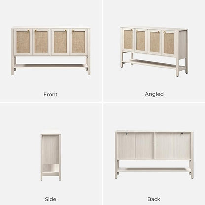 SICOTAS Rattan Sideboard Buffet Cabinet with Open Storage - Large Storage Cabinet with 4-Doors and Adjustable Shelves, Boho Credenza Coffee Bar Cabinets Buffet Table Console Table for Kitchen,Hallway