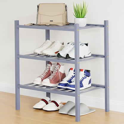 Smiry Small Bamboo Shoe Rack, 3 Tier Free Standing Wooden Shoe Organizer, Stackable Wood Shoe Storage Shelf for Closet, Entryway, 12 Vertical Slats, 2+1 Stack Standard Legs, 17.3"x11"x19.5", Grey