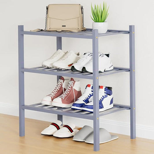 Smiry Small Bamboo Shoe Rack, 3 Tier Free Standing Wooden Shoe Organizer, Stackable Wood Shoe Storage Shelf for Closet, Entryway, 12 Vertical Slats, 2+1 Stack Standard Legs, 17.3"x11"x19.5", Grey