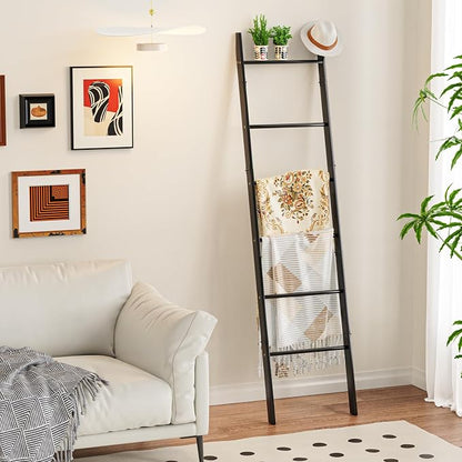 BAMBANG 6-Tier Blanket Ladder for Living Room, Blanket Quilt Ladder Rack Rustic Decorative Towel Holder, Wall Leaning Blanket Ladder Shelf Storage Farmhouse Decor for Bedroom Bathroom, Black