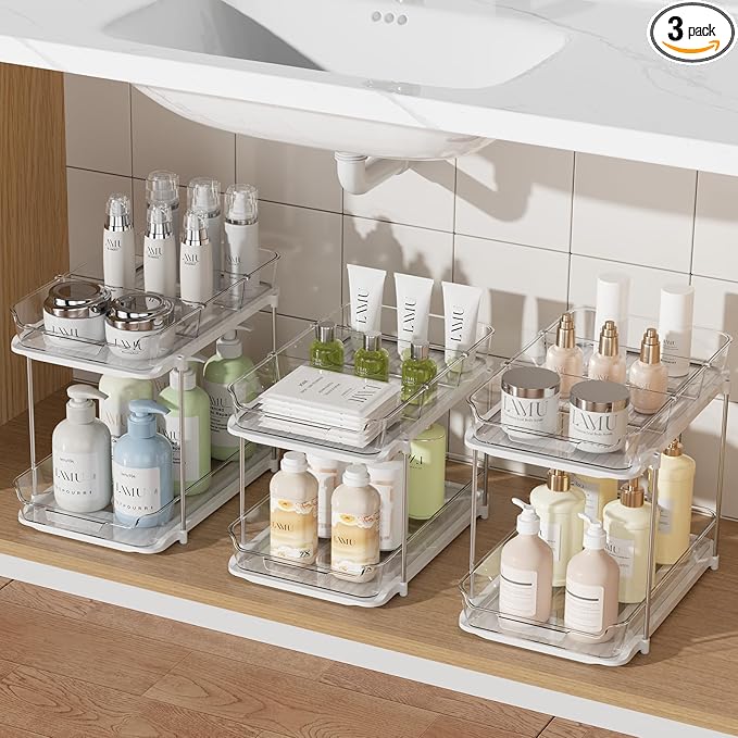 Delamu 3 Pack 2-Tier Bathroom Under Sink Organizers and Storage, Multi-Purpose Stackable Pantry Organization and Storage, Pull Out Clear Kitchen Bathroom Cabinet Organizer with Movable Dividers, White