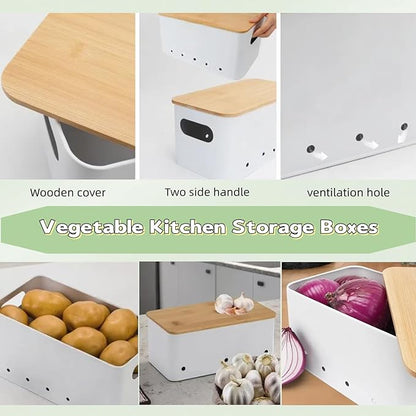 Modern kitchen storage container, stacked metal storage box, 3-piece set with wooden lid design, onion, garlic, potato metal cans, breathable storage box (White)