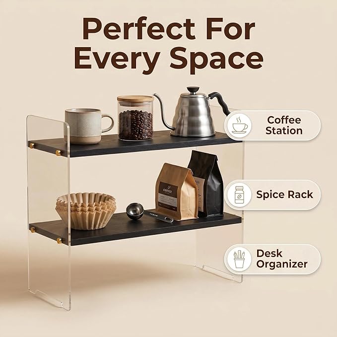 Coffee Station Organizer 2 Tier, Solid Wood Mug Shelffor Coffee Bar,Matcha Station,Tea Storage - Holds Mugs,Beans,Syrup,Cups,Tirrers (Black Wood Grain, 15.4" L x 5.7" W x 13.4" H)