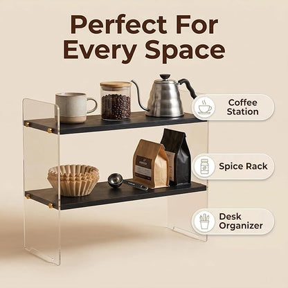 Coffee Station Organizer 2 Tier, Solid Wood Mug Shelffor Coffee Bar,Matcha Station,Tea Storage - Holds Mugs,Beans,Syrup,Cups,Tirrers (Black Wood Grain, 15.4" L x 5.7" W x 13.4" H)