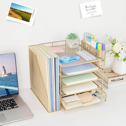 Desk Organizers and Accessories, 5-Tier Paper Letter Tray Organizer with File Holder, Drawer & Pen Holder, Office Desk Accessories, Desktop Organizer for Classroom Office Supplies, Gold