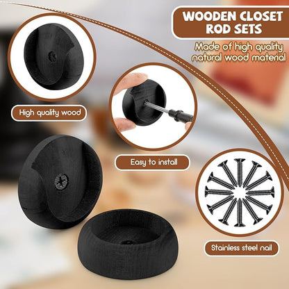Yookeer 4 Pack Wooden Closet Pole Sockets 1-3/8" Closet Rod Holders Pole Holders for Wardrobe Hallway Bathroom Curtain Clothing Store(Black)