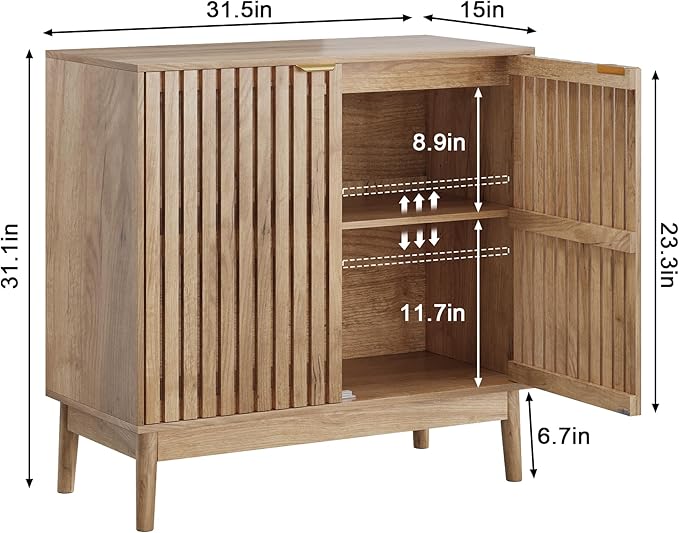 Sideboard Buffet Cabinet with Storage, Freestanding Kitchen Storage Cabinet with 2 Slatted Doors and Adjustable Shelves, Wooden Cupboard for Kitchen, Entryway (Slatted Door Natural)