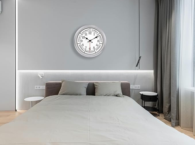 JENLYSTIME 12 Inch Retro Wall Clock,Classic Day of The Week Wall Clock,Silent Non Ticking Battery Operated Movement(Silver)