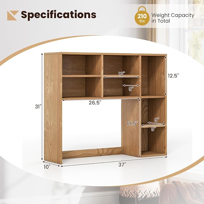 Desk Hutch, Desktop Shelf with 7 Shelves, Desk Bookshelf w/Anti-Toppling Devices, Wood Table Top Bookshelf Organizer, Small Desk Shelf for Study, Office, Dorm (Natural, 7 Shelves)