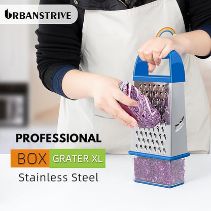 Urbanstrive Cheese Grater With Container, Professional Cheese Grater with Handle, Stainless Steel Graters for Kitchen Handheld, Box Grater with 4 Sides for Vegetables, Ginger, Potatoes (Dark Blue)