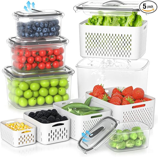 5 Pack Fruit Storage Containers for Fridge - Clear Berry Containers with Colander, Airtight Fridge Organizer Bins with Vent Handle Lids for Refrigerator Organizers and Storage Keep Fresh