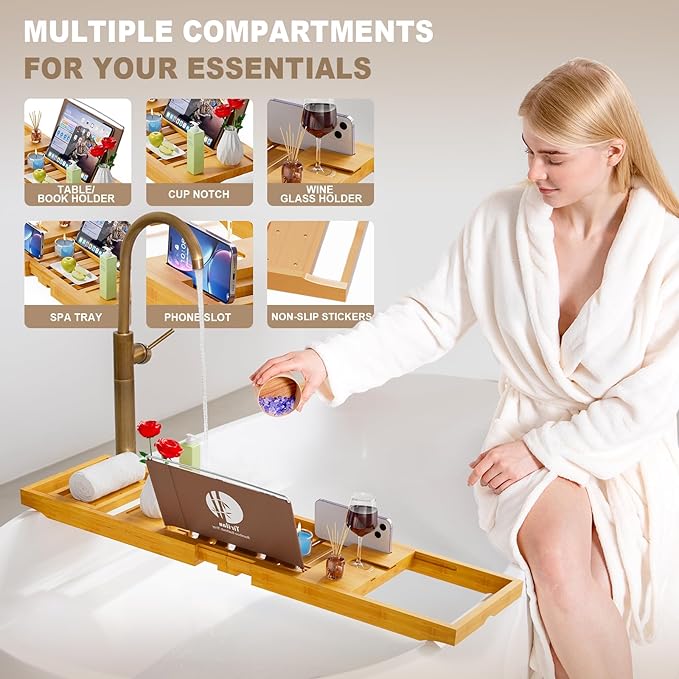 Premium Bathtub Tray Caddy, Expandable Bath Tray, Unique House Warming Gifts,Bamboo-New