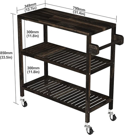 Interbuild 3 Tier Acacia Hardwood Kitchen Cart, Portable Rolling Trolley Cart Kitchen Storage Utility Cart with Towel Rack (Espresso)