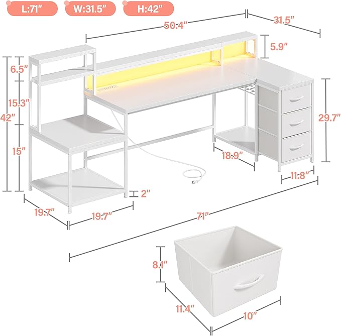 EnHomee 71" L Shaped Gaming Desk with LED Lights,White Computer Desk with Drawers and Printer Shelf,Power Outlet,Reversible Home Office Desks with Storage and Monitor Stand
