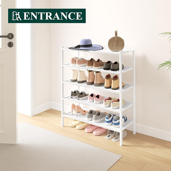 Smiry Bamboo Shoe Rack, 5 Tier Shoe Organizer for Entryway & Closet, Stackable Free Standing Storage Shelf for Shoes, Bags & Plants, White