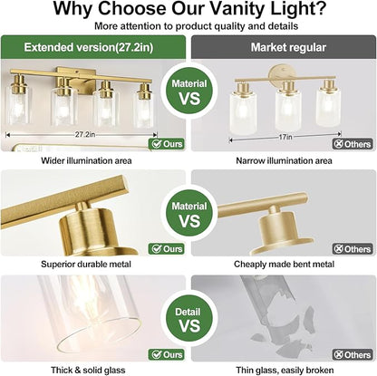 4-Light Bathroom Light Fixtures, Vanity Light with Clear Glass Shades, Brushed Gold Bathroom Light Fixtures Over Mirror, Modern Bathroom Wall Lamp for Mirror Living Room Cabinet Bedroom