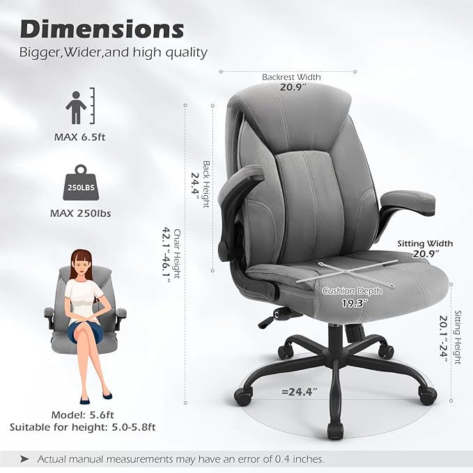 YAMASORO Executive Office Chair,Big and Tall Ergonomic Desk Chair with Adjustable Lumbar Support, Comfortable Computer Chair wih Flip-up Arms and Wheels, Gray