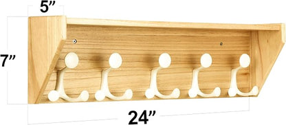 SKOLOO Wall Shelf with Hooks, 24-Inch Coat Rack Wall Mount with Shelf Organizer - Lightweight & Sturdy, 5 Tri Hooks - Perfect for Entryway, Hallway, Living Room, Bedroom, Mudroom, Natural & White