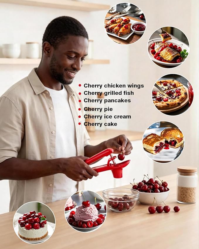 Cherry Pitter, Olive Pit Remover Tool Cherries Corer Pitter with Hand-held Push, Olives Seed Corer with lock design, Durable Remove Cherries Pit corer for Cherry Jam -Red