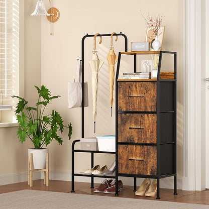 SWTYMIKI Dresser with Hanging Rack - 3 Fabric Drawers Kids Dresser for Bedroom - Reversible Tall Storage Tower, Small Space Clothes Storage Organizer Cabinet for Apartment, Dorm 49.21''H, Espresso