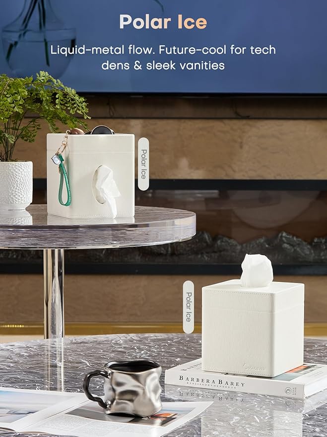 Cloudever Tissue Box Holder Cover, Modern PU Leather Square Decorative Tissue Holder Organizer-Woven New Off White
