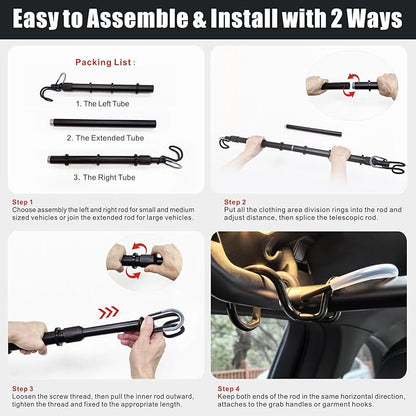 Heavy Duty Telescopic Car Clothes Hanger Bar - Adjustable 30''-66'' Garment Rack Travel Closet Hanging Rod for Vehicle Truck SUV RVs Extendable Metal Pole for Automobile Clothing Organizers & Storage