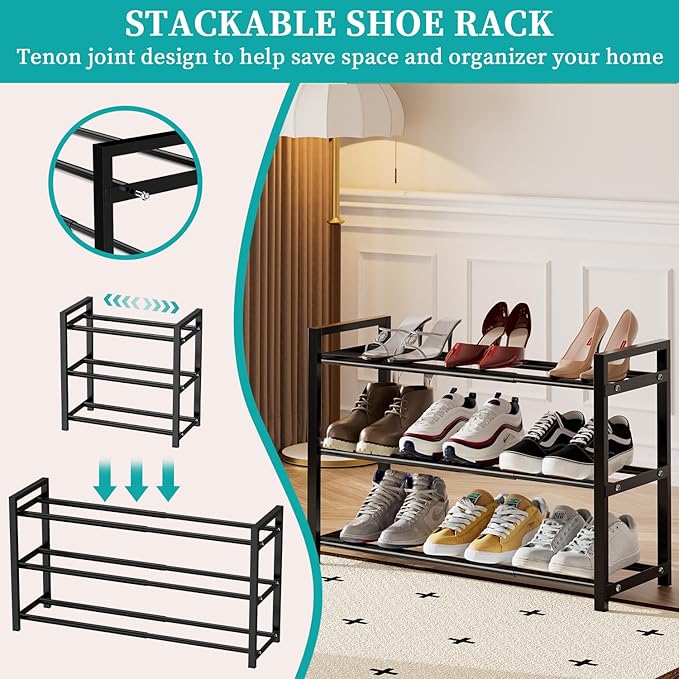 EKETE Expandable Shoe Rack,Adjustable and Stackable 3-Tier Shoe Rack Organizer, Shoe Rack for Closet,Space Saving,Metal Free Standing Shoe Rack for Entryway,Hallway,Closet Shoe Storage