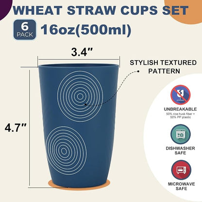 Wrova Wheat Straw Cups 16oz set of 8 with Etched Pattern - Alternative Plastic Cups Dishwasher Safe Tumbler - Plastic Drinking Cups Unbreakable for Kids - Pure Black