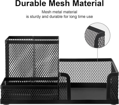Comix Mesh Pen Pencil Holder Desk Organizer, 3 Compartment Wire Desktop Pen Pencil Cup Caddy Office Supplies Accessories for Home Office School, Black(2 Pack)